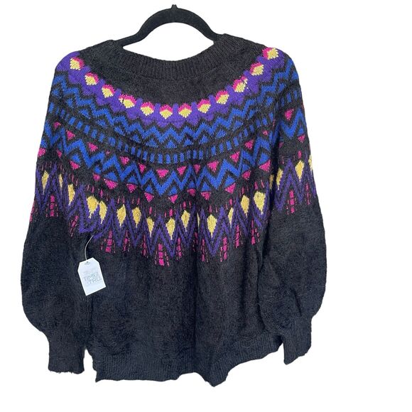 Time and Tru Sweater Womens Large Black Eyelash Fair Isle Side Slit Long Sleeve - Picture 2 of 11